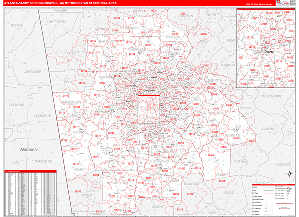 Atlanta-Sandy Springs-Roswell Metro Area Wall Map Red Line Style